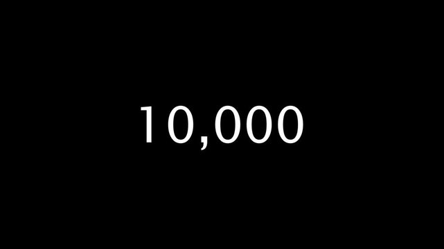 White digital counter animation reaching 10,000 milestone, social media follower goal, financial statistics, achievement symbol, isolated on black background, professional motion graphic.
