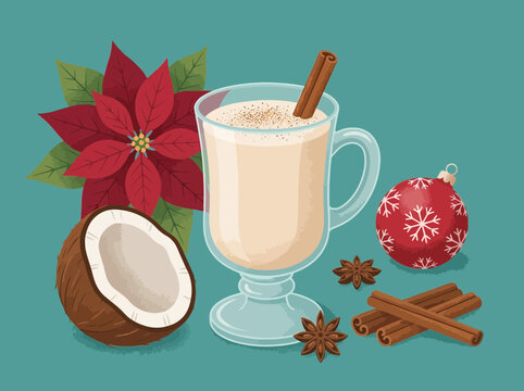 Festive Eggnog Drink with Coconut and Poinsettia for Christmas Celebrations