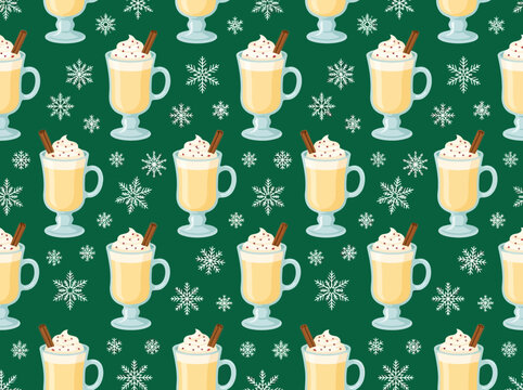 Festive Eggnog With Whipped Cream and Cinnamon Sticks Surrounded by Snowflakes on a Dark Green Background