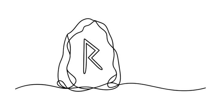 Rune Stone Line Drawing,  Continuous-line drawing of a rune stone with carved &ldquo;R&rdquo; symbol, symbolizing mystery and ancient culture.