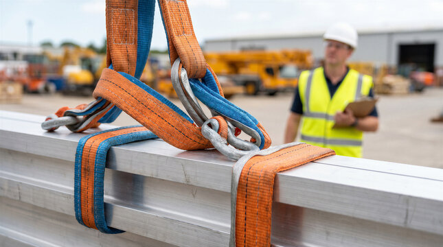 Industrial lifting operation with heavy metal beams, orange and blue nylon slings, and a construction worker in the background
