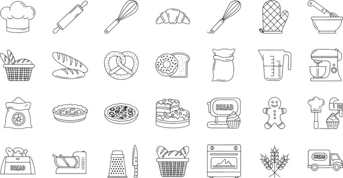 Line drawn baking icons including chef hat rolling pin whisk mixer croissant bread loaf pretzel donut cake mixer grater knife oven truck
