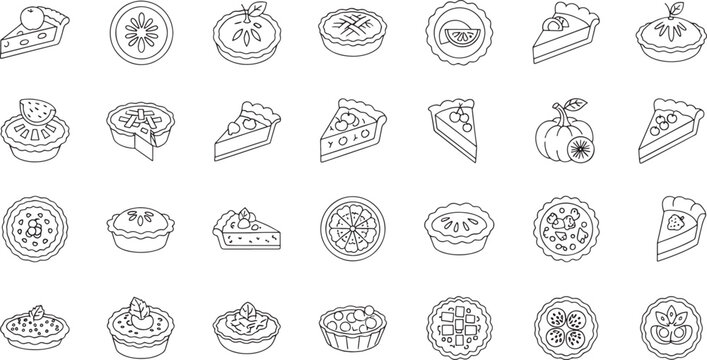 A collection of various dessert icons including pies and slices of pies with different toppings and fillings in a simple line drawing style on a white background
