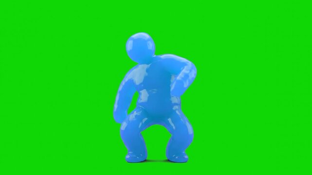 A fun 3D illustration of a glossy, semi-transparent blue jelly stickman character dancing in a squatting pose, set against a bright chroma key green background. Perfect for playful animation projects,