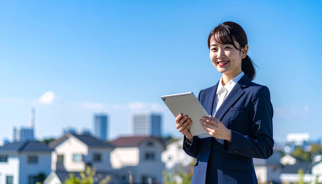 青空と住宅街を背景に、デジタルタブレットを持って微笑むスーツ姿の若いアジア人（日本人）不動産営業の女性