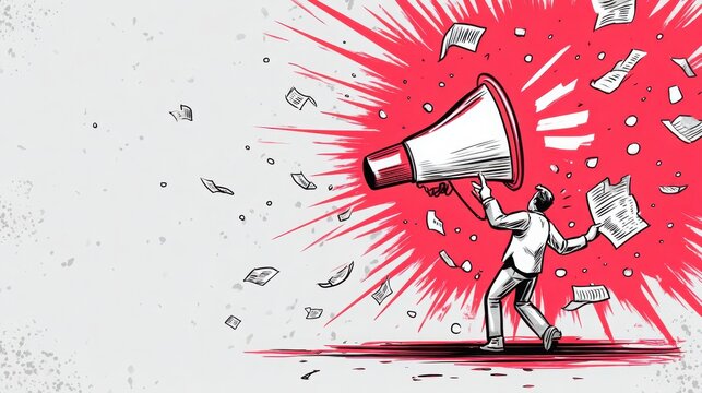 Cartoon figure holding a megaphone amid flying papers and red explosion lines emphasizes a powerful announcement or declaration.