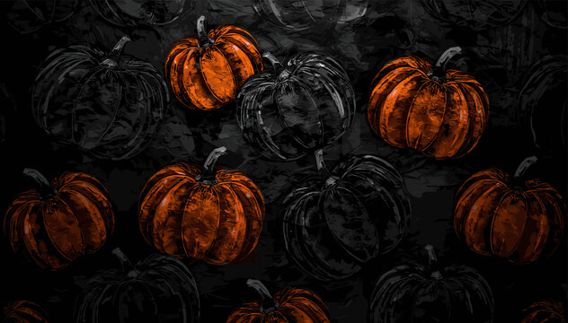 A dark, moody, and atmospheric Halloween-themed image featuring a collection of pumpkins, some vibrantly orange and others rendered in dark, shadowy tones, set against a black, textured background.
