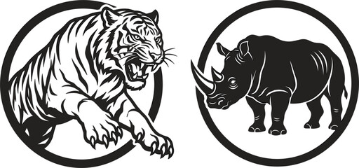 Aggressive Roaring Tiger Mascot Pouncing Out of Circle and Detailed Rhinoceros Silhouette Emblem Vector Icon Set for Powerful Wildlife and Sports Team Branding © SUMON