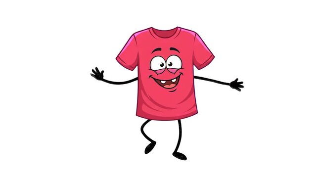 A cheerful 2D cartoon red t-shirt character with arms and legs dances happily on a white background. Great for laundry service ads, custom apparel branding, t-shirt printing promos, and cartoon motion