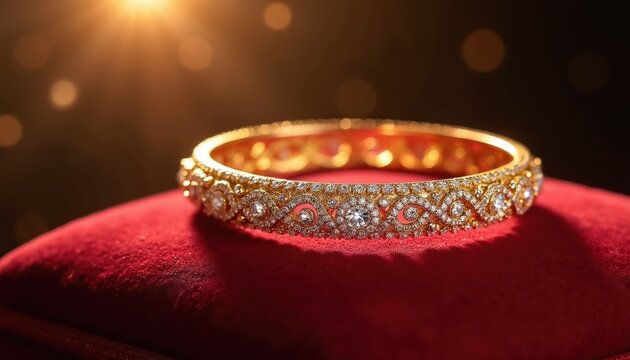 Luxury 22K gold bangle with diamonds. Ornate bracelet rests on red velvet cushion. Elegant jewelry shines with intricate details. Perfect accessory for special occasions.