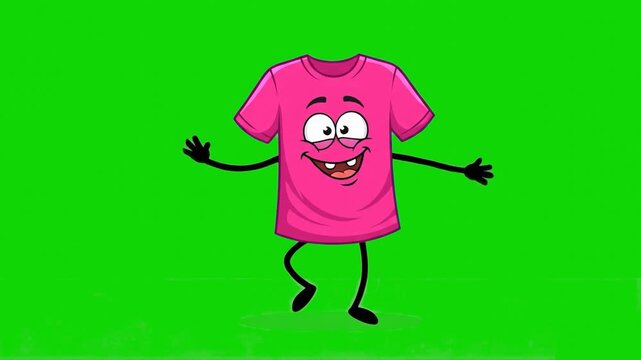 A cheerful, animated pink t-shirt character with cartoon eyes and a goofy smile performs a lively dance. The 2D vector illustration is keyed on a chroma key green screen for retail, apparel, and laund