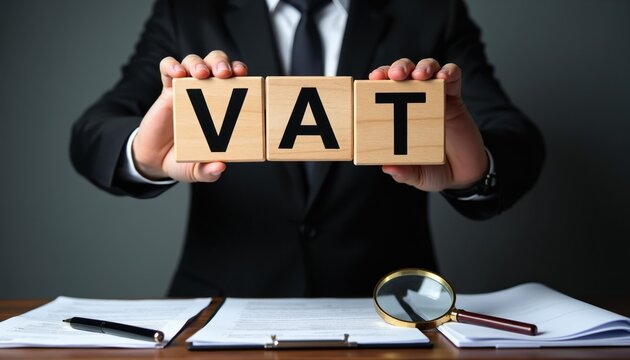 Man in suit holds wooden blocks spelling VAT. Paperwork and magnifying glass on desk suggest tax audit or financial analysis. Business concept for value added tax.