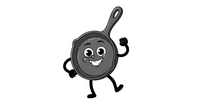 A happy, smiling 2D anthropomorphic cast iron skillet character with a face, arms, and legs performing an energetic dance step. The kitchenware vector illustration is isolated on a clean white backdro