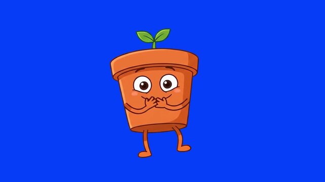 A cute, anthropomorphic orange terracotta flower pot character with a green sprout dances playfully. The 2D vector animation is set against a solid blue background for multi-purpose video editing and 