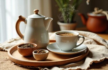 Fototapeta premium Cup of steaming tea on a wooden tray with teapot and loose tea leaves in cozy setting