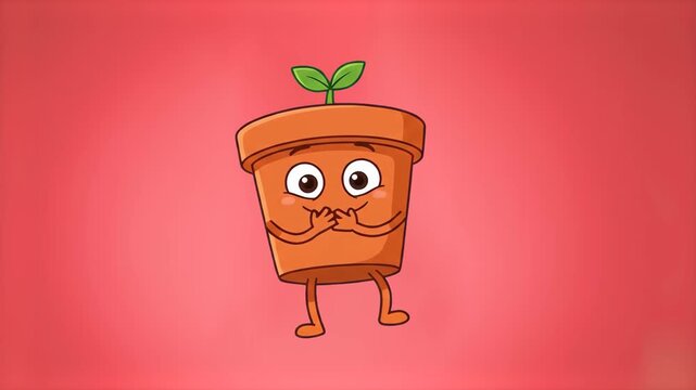 A cute 2D stylized cartoon terracotta flowerpot character looking surprised or shy with its hands over its mouth, set against a solid coral pink backdrop. Perfect for gardening apps, children's educat