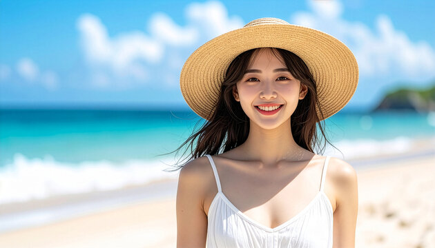 日本語: 青い海と白い砂浜を背景に麦わら帽子をかぶって微笑む若い女性