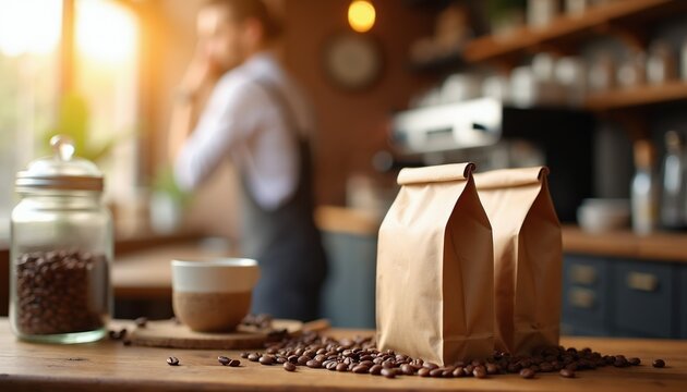 Man prepares coffee beverage in cafe. Fresh roasted coffee beans in jar, cups, and paper bags on wooden counter. Barista works in background.