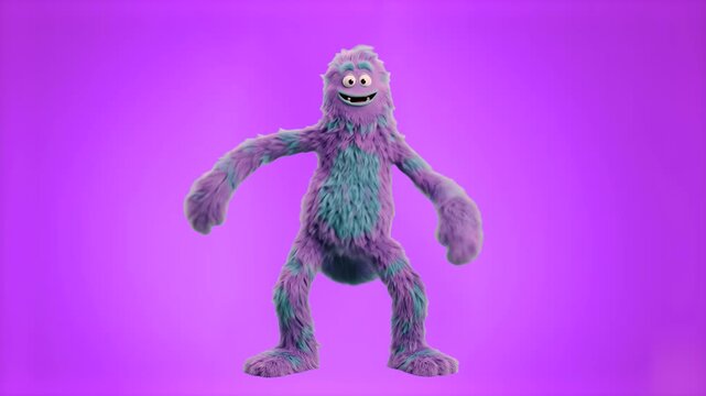 A cute, friendly 3D animated monster with fluffy purple and teal fur performs a cheerful dance routine against a vibrant purple backdrop. This playful clip is ideal for children's entertainment, toy c