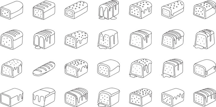 Black and white illustration of various types of bread and toasters in different styles and shapes on white background  kitchen and baking concept