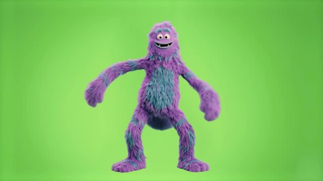 A cheerful, long-limbed purple monster with a blue furry belly dancing playfully against a soft green gradient studio backdrop. This vibrant 3D character asset suits educational content, kids' enterta