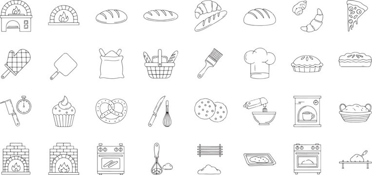 Collection of various baking icons including bread ovens utensils and desserts  baking icons set with kitchen tools and baked goods