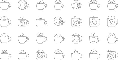 Fototapeta premium Line drawing of multiple tea cups and donuts in various positions and steam rising from cups on white background
