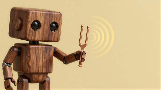 Wooden robot holds tuning fork, emitting sound waves against warm beige background.