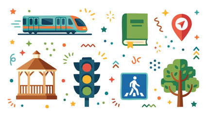 Naklejka premium Urban Travel and City Life Flat Vector Icon Collection