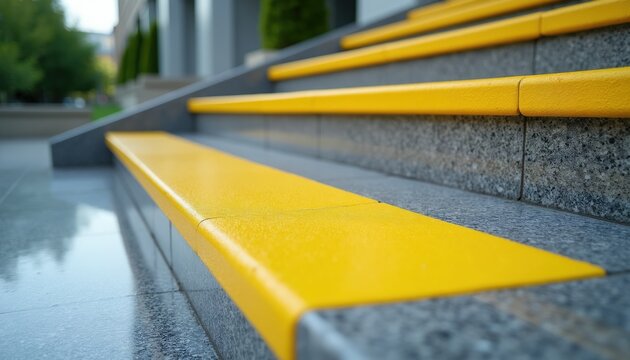 Bright yellow anti-slip treads cover granite stpic. Safety strips enhance grip on outdoor stairs. Building entrance access is made safer with visible stair edge markers.