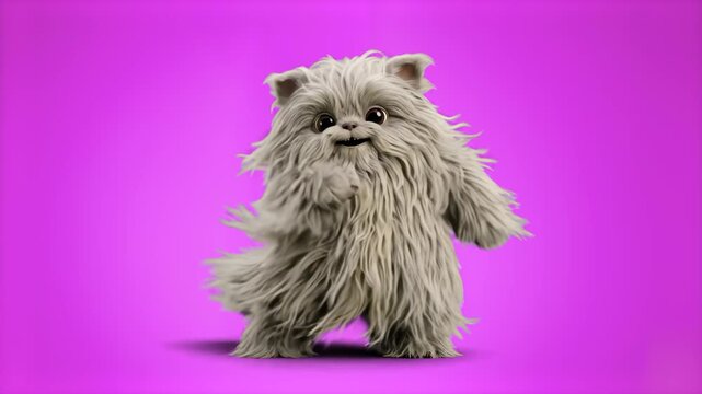 A stylized grey fuzzy monster with a thick hair simulation dances playfully against a solid purple background. The high-quality 3D character asset is optimized for children's entertainment, bright pro