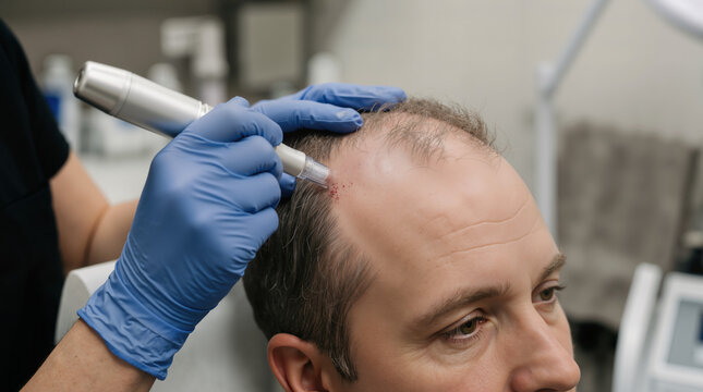 Close-up of a man receiving microneedling hair treatment on his scalp. Practitioner in blue gloves using a dermapen device for hair loss and alopecia restoration. Medical cosmetic procedure