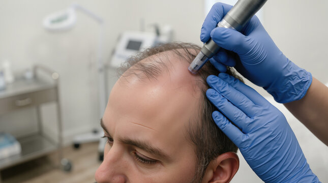 Man receiving microneedling hair treatment on scalp. Practitioner in blue gloves using dermapen device for alopecia and hair loss restoration in clinical setting