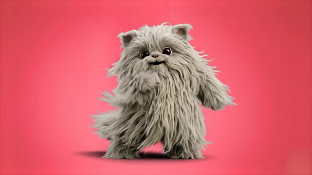 A furry grey cartoon monster with big dark eyes performs a playful dance routine against a vibrant pink studio backdrop. This high-density hair simulation character is tailored for children's entertai