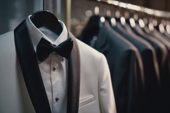 Elegant white tuxedo with black satin lapels and bow tie displayed on a mannequin next to a row of dark formal suits in a boutique setting