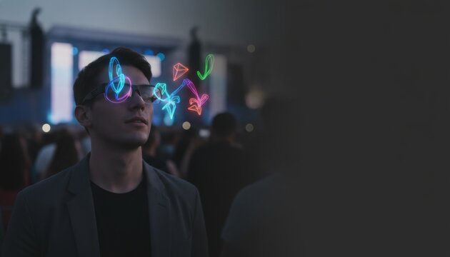 Man Wearing Augmented Reality Glasses at Music Concert