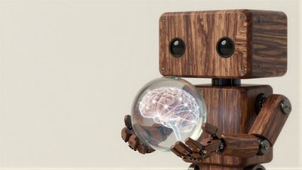 Fototapeta premium Wooden robot holds glowing brain in glass sphere, symbolizing AI and human cognition.
