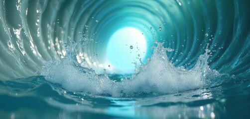 Fototapeta premium Water splash motion inside circular wave tunnel. Dynamic aqua wave tube with light at end. Ocean swirl, sea spray, drops, aqua liquid motion.