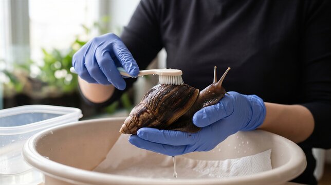Woman cleaning shell of large exotic snail with soft brush. Owner caring for giant African land snail pet. Animal hygiene procedure in home environment. Responsible pet owner maintenance.