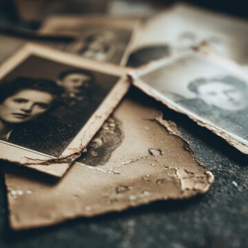 Old weathered vintage black and white portraits and photographs with worn edges symbolizing memories and nostalgia from past generations on textured surface
