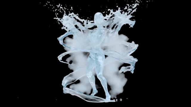 A 3D fluid simulation creates a transparent water figure dancing dynamically while splashing liquid and mist outward. The liquid simulation is isolated against a pitch black background for commercial 