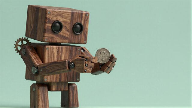 Wooden robot holds coin with question mark, symbolizing decision-making or uncertainty.