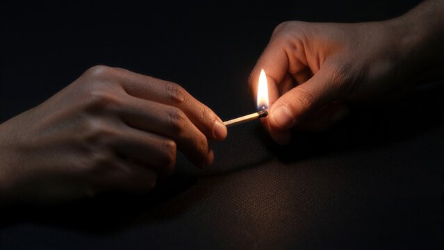 Two hands ignite a match against dark background, casting warm light.