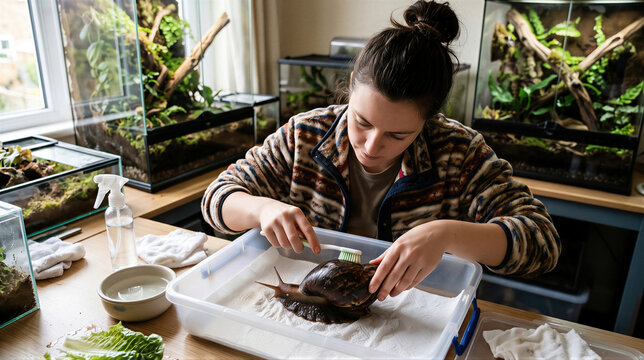 Woman cleaning shell of giant African land snail with soft toothbrush. Exotic pet owner taking care of mollusk in home terrarium environment. Animal hygiene and wellness concept.