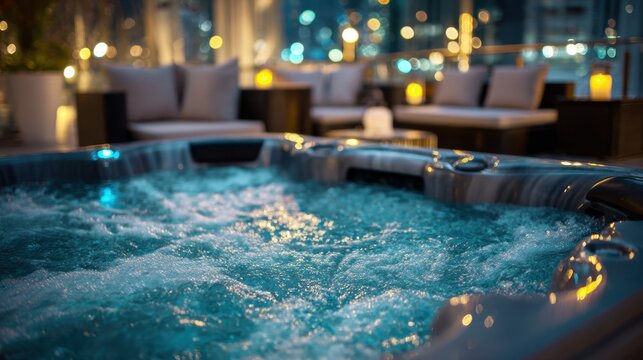 Relaxing bubbling jacuzzi on a rooftop terrace at night with cozy seating areas and soft ambient lighting for ultimate urban retreat experience