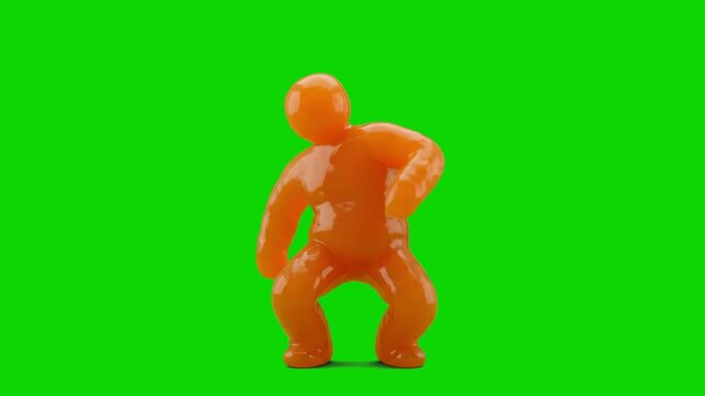 A high-quality 3D character animation showing a walking monster made of viscous, shiny orange flowing liquid. The motion graphic asset is isolated on a chroma key green screen background for easy vide