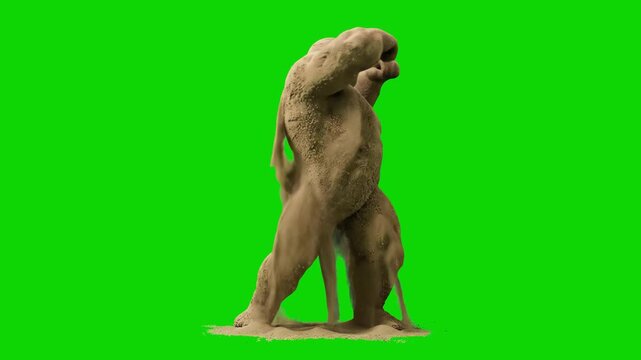 A large, muscular 3D monster made of mud or wet clay dancing dynamically against a chroma key green background. Ideal for fantasy film compositing, video game character showcases, and CGI VFX overlays