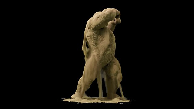 A 3D animated male figure formed from sand performs a powerful dance, shedding trails of fine dust and particles. The simulation is isolated against a solid black background for seamless visual effect