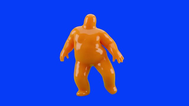 A playful 3D animation of a heavy, round monster character made entirely of thick, glossy orange flowing liquid. The quirky creature asset walks forward against a solid blue studio backdrop.