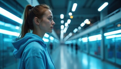 Fototapeta premium Woman in blue hoodie stands on platform. Modern transport hub with bright lights. Futuristic underground station or airport. Commuter waits for train or plane. People move in background.